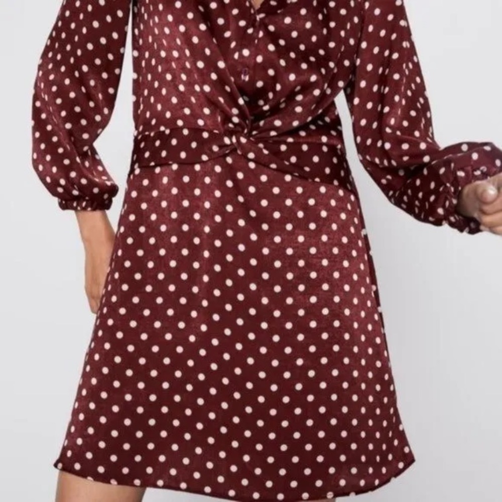 NWOT Women ZARA POLKA DOT SILKY / SATIN MINI DRESS BLOGGERS FAV Wine Small (Q) - Picture 3 of 12